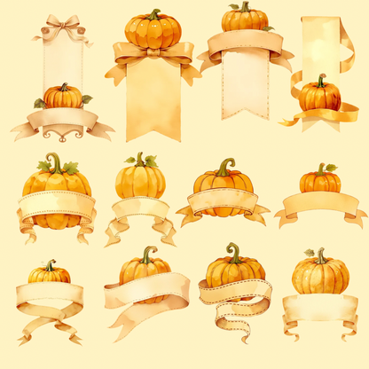 Pumpkin Banner Clipart | Fall Watercolor Pumpkin PNG | Autumn Transparent PNG | Junk Journal & Craft Design