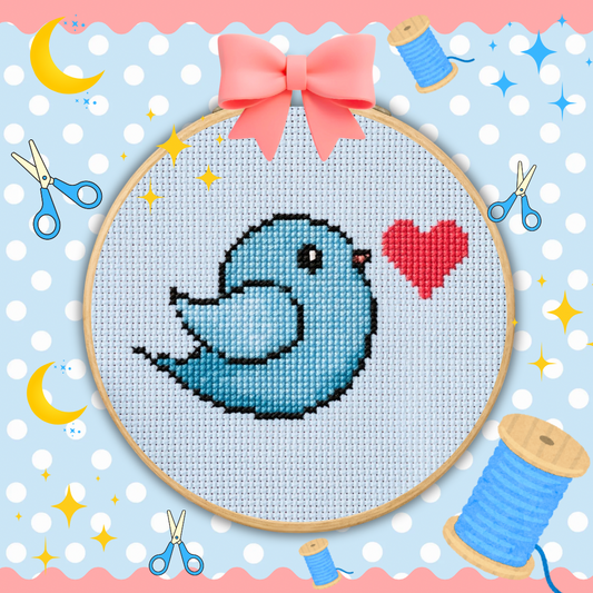 Blue Bird with Heart Cross Stitch Pattern